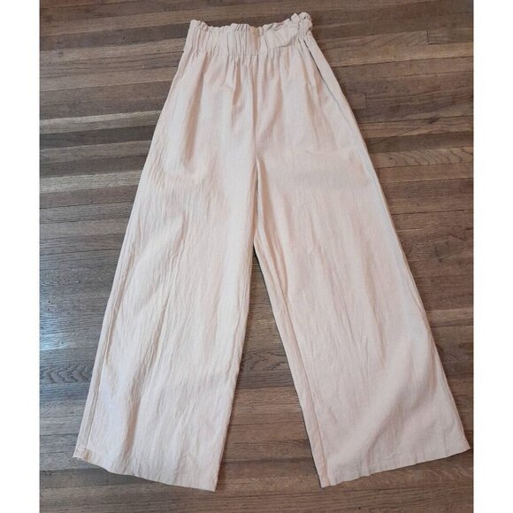 Retro High Rise Wide Leg Paper Bag Waist Pants Tan Size S - Picture 1 of 4